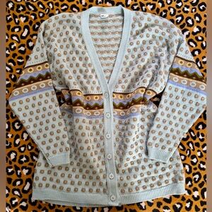 Vintage Dusty Blue Patterned Button-Up Cardigan
